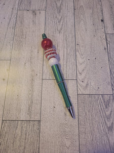 Green w/ Red Stripe/Red Pearl/White - Beaded Pen