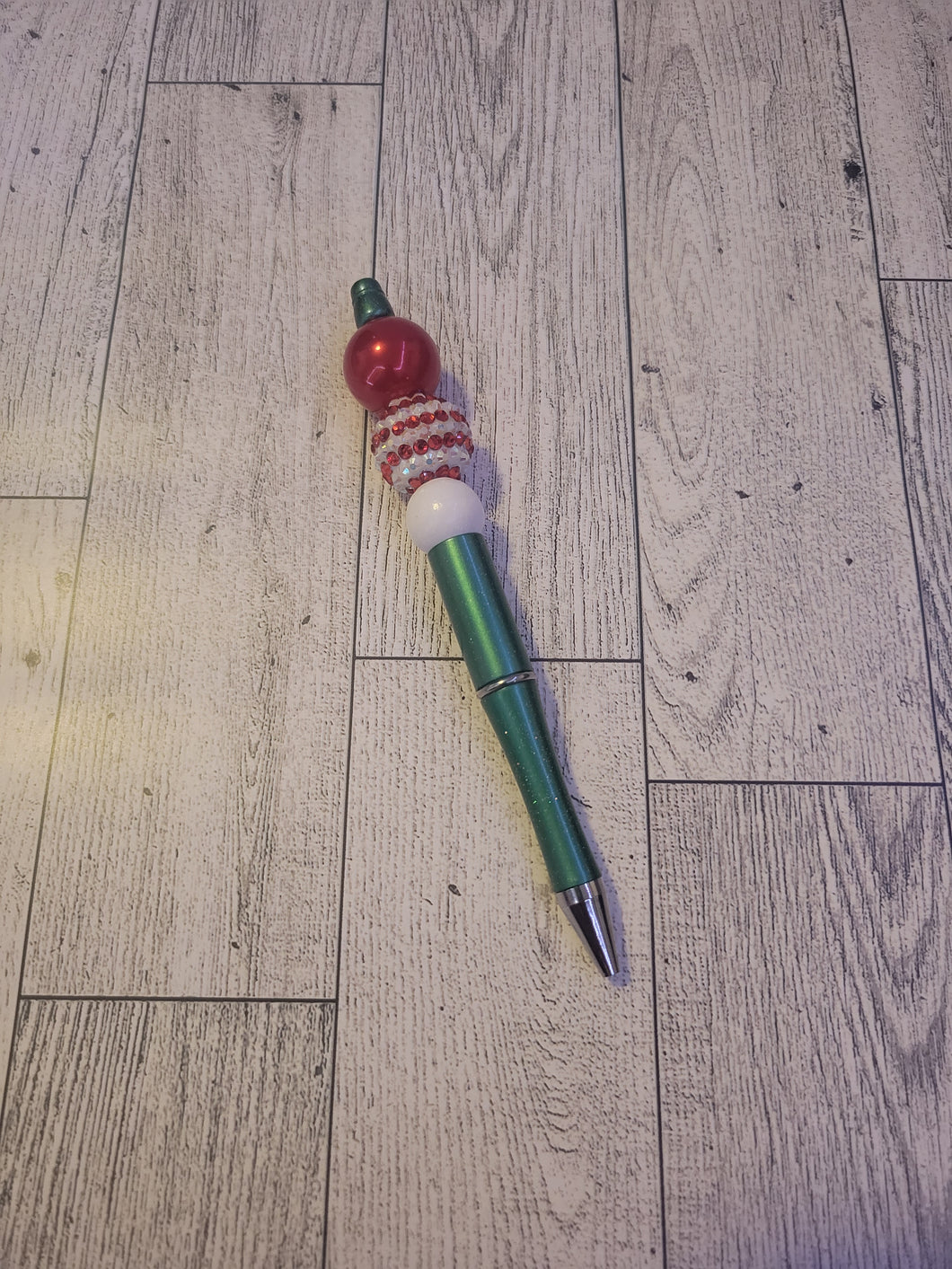 Green w/ Red Stripe/Red Pearl/White - Beaded Pen