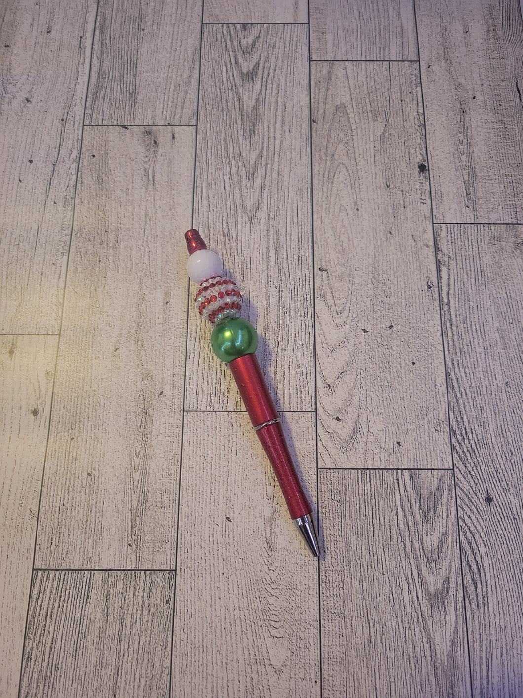 Red w/ Red Stripe/Green Pearl/White - Beaded Pen