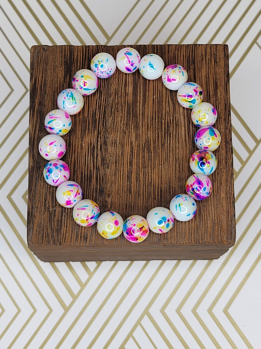 Pink, blue and yellow splatter - Beaded Bracelet