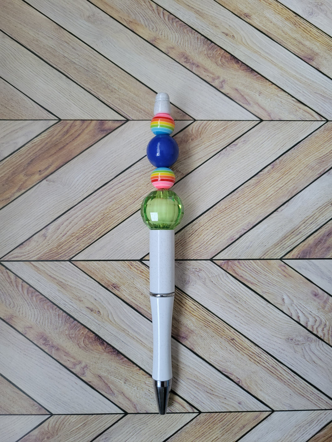 White w/ Blue, Multi Stripe & Green - Beaded Pen