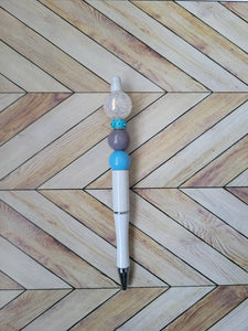 White w/ White, Blue & Gray - Beaded Pen