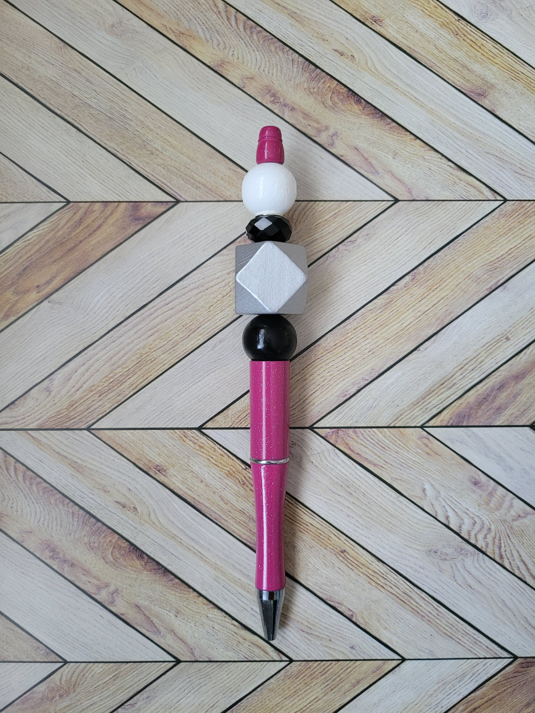 Dark Pink w/ White, Black & Silver - Beaded Pen