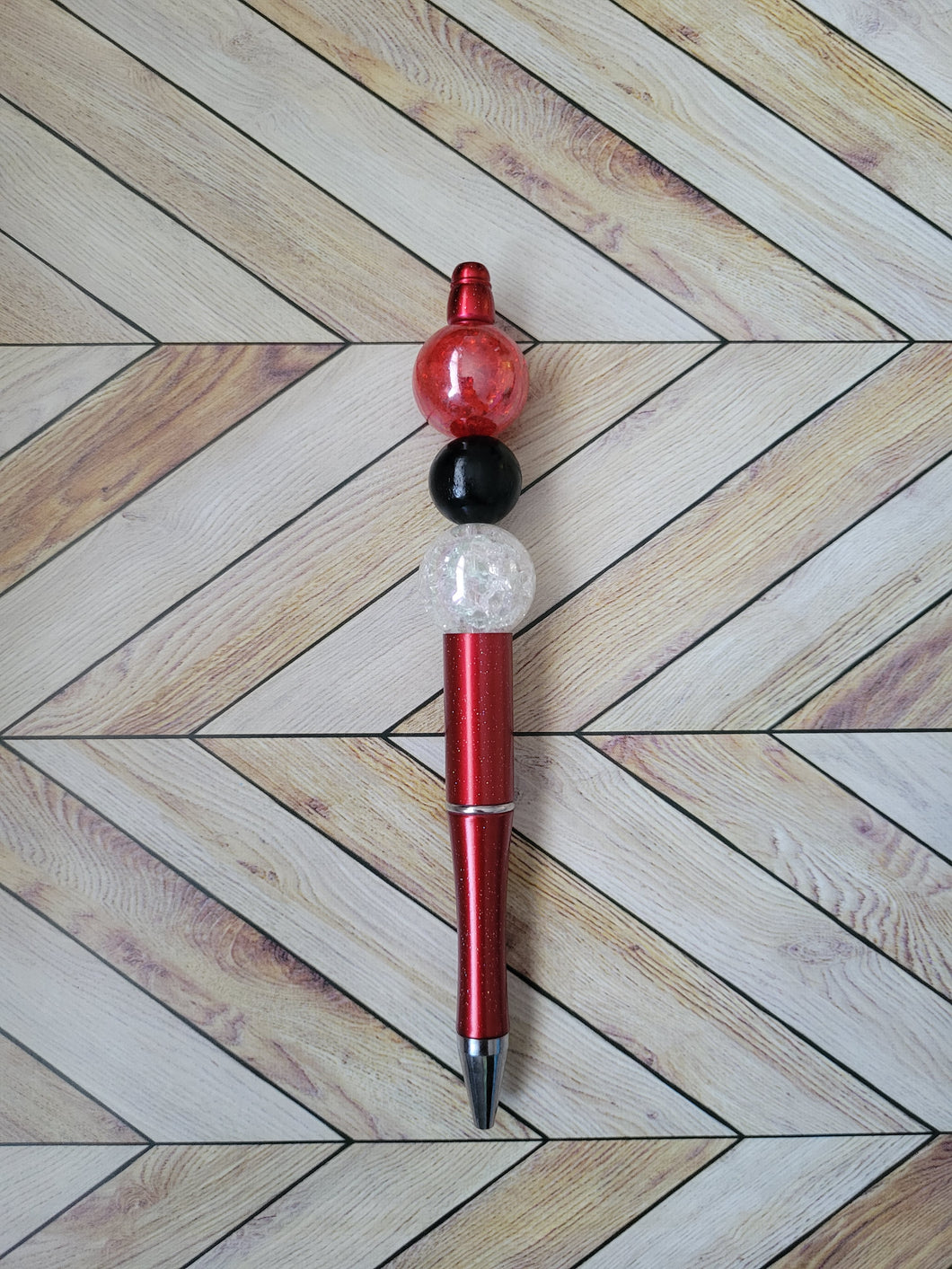 Red w/ Red, Black & White - Beaded Pen