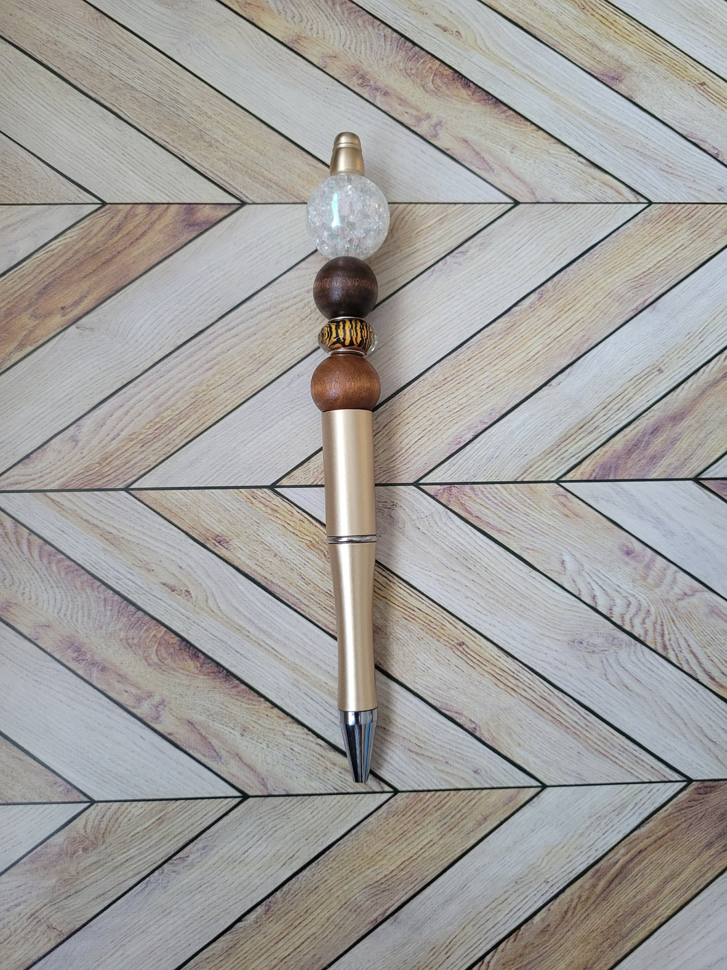 Gold w/ White, Dark Wood, Animal Print & Light Wood - Beaded Pen