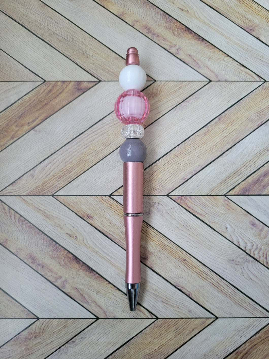 Metallic Pink w/ White, Pink & Gray - Beaded Pen