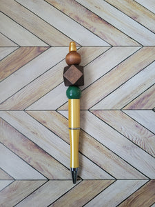 Yellow w/ Light Wood, Dark Wood & Green - Beaded Pen