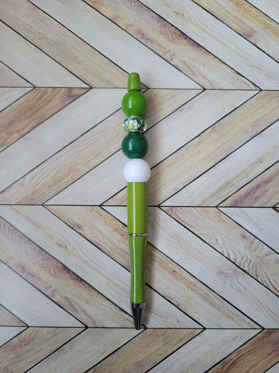 Light Green w/Light Green, Dark Green & White - Beaded Pen