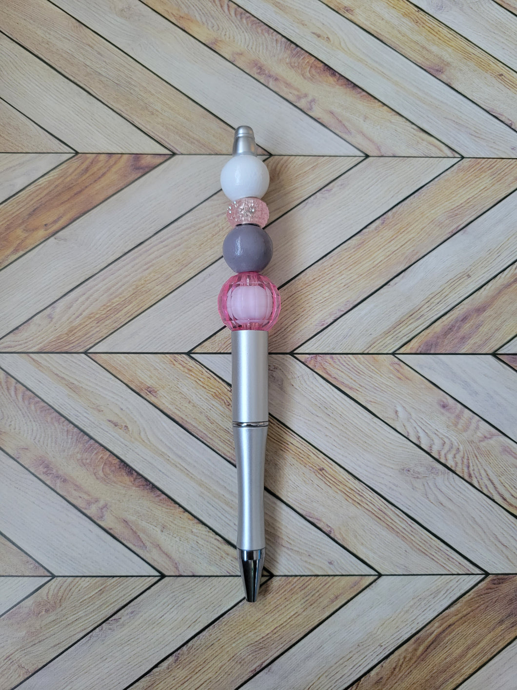 Silver w/ White, Pink & Gray - Beaded Pen