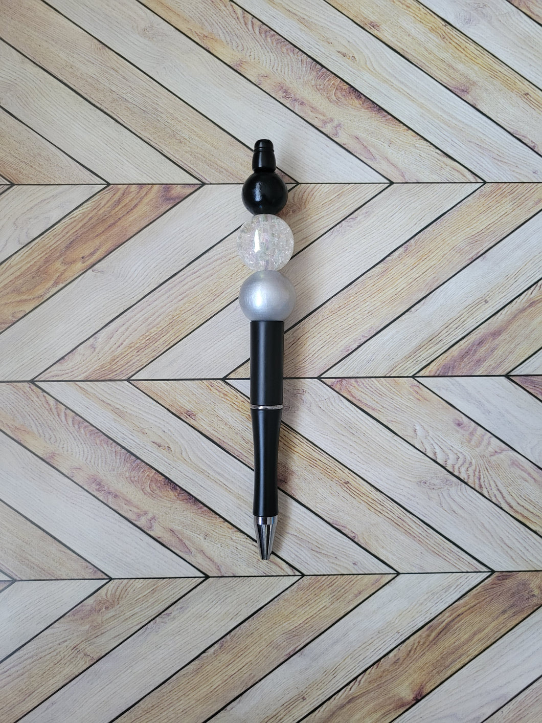 Black w/Black, White & Silver - Beaded Pen