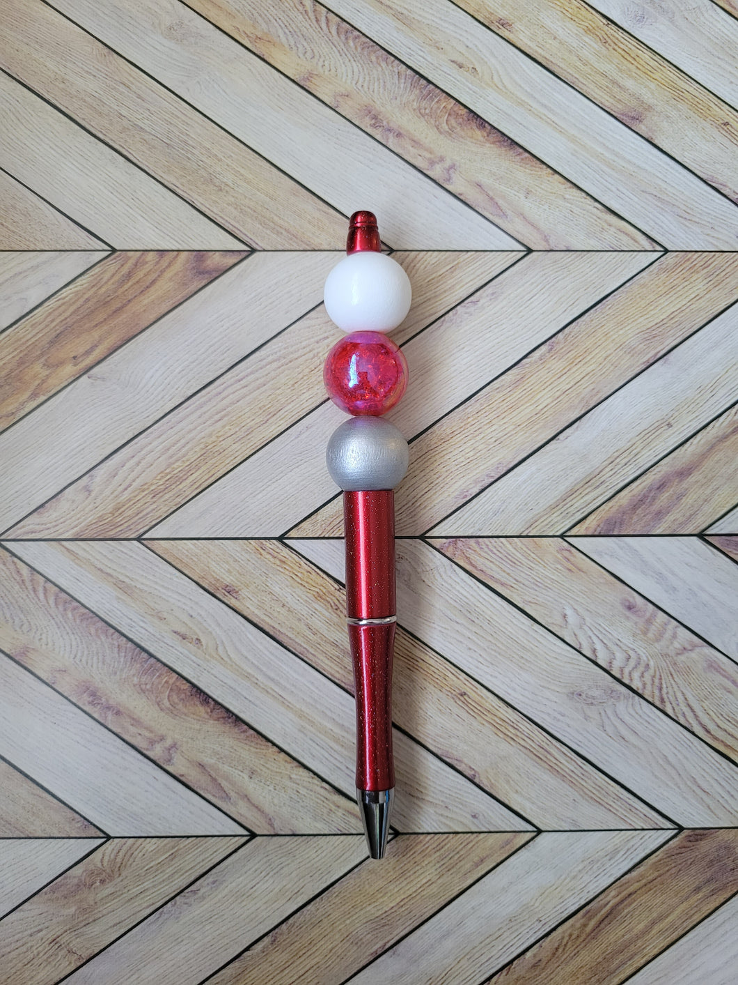 Red w/ White, Red & Silver - Beaded Pen