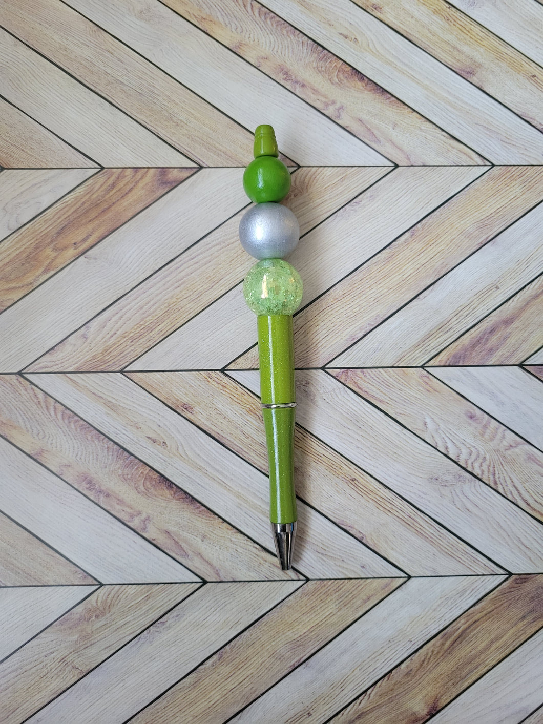 Green w/ Light Green & Silver - Beaded Pen