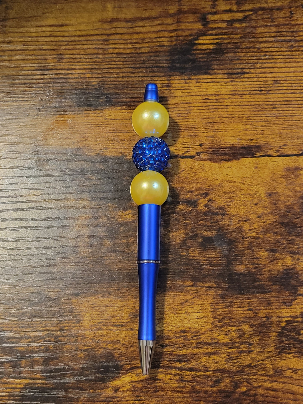Blue w/ Yellow Pearl/Blue Rhinestone - Beaded Pen