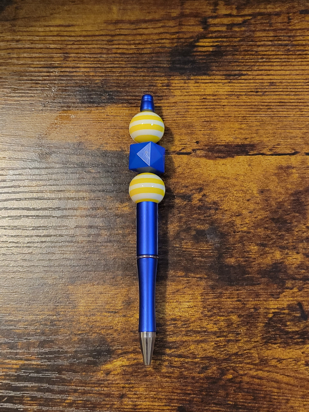 Blue w/ Yellow Stripe/Blue Geo- Beaded Pen